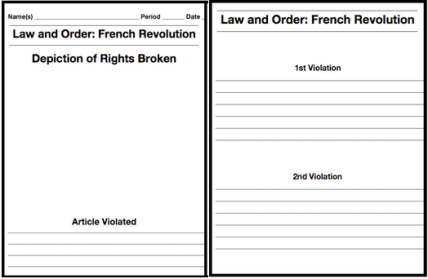 On the front, students write the article broken and draw an image of Robespierre breaking it. On the back, students write up to two ways that Robespierre violated the specific right.