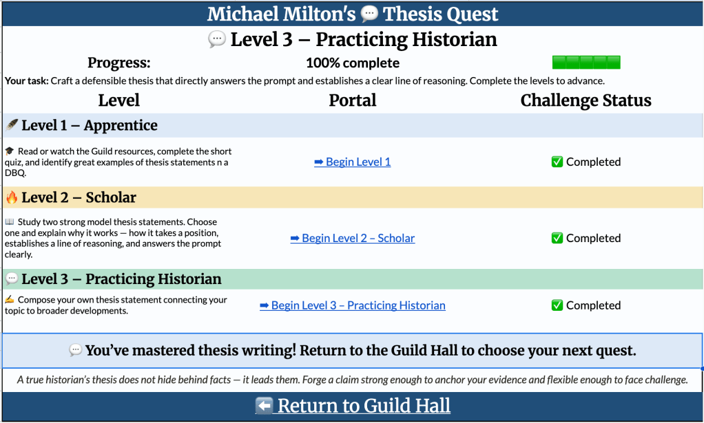 Screenshot of a project management tool for DBQ Guild: Questline I showing Thesis Questline - three levels of thesis writing tasks and progress indicators.