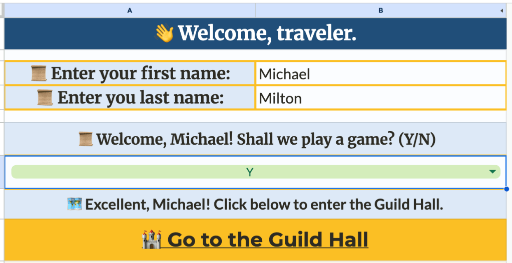 Google Sheets interface displaying a welcome message for users, with fields to enter first and last names, and options to start a game.