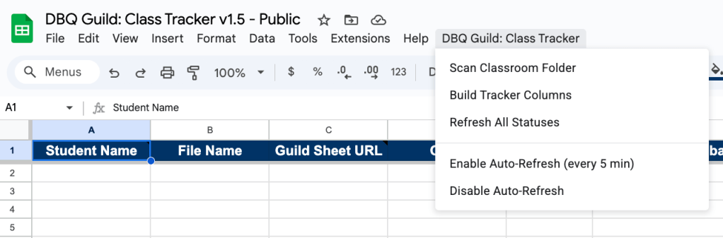Screenshot of a Google Sheets interface titled 'DBQ Guild: Class Tracker v1.5 - Public', featuring a menu bar with options like 'Scan Classroom Folder' and 'Build Tracker Columns', and columns labeled 'Student Name', 'File Name', and 'Guild Sheet URL'.